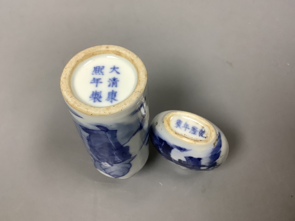 Two Chinese blue and white snuff bottles, tallest 10cm